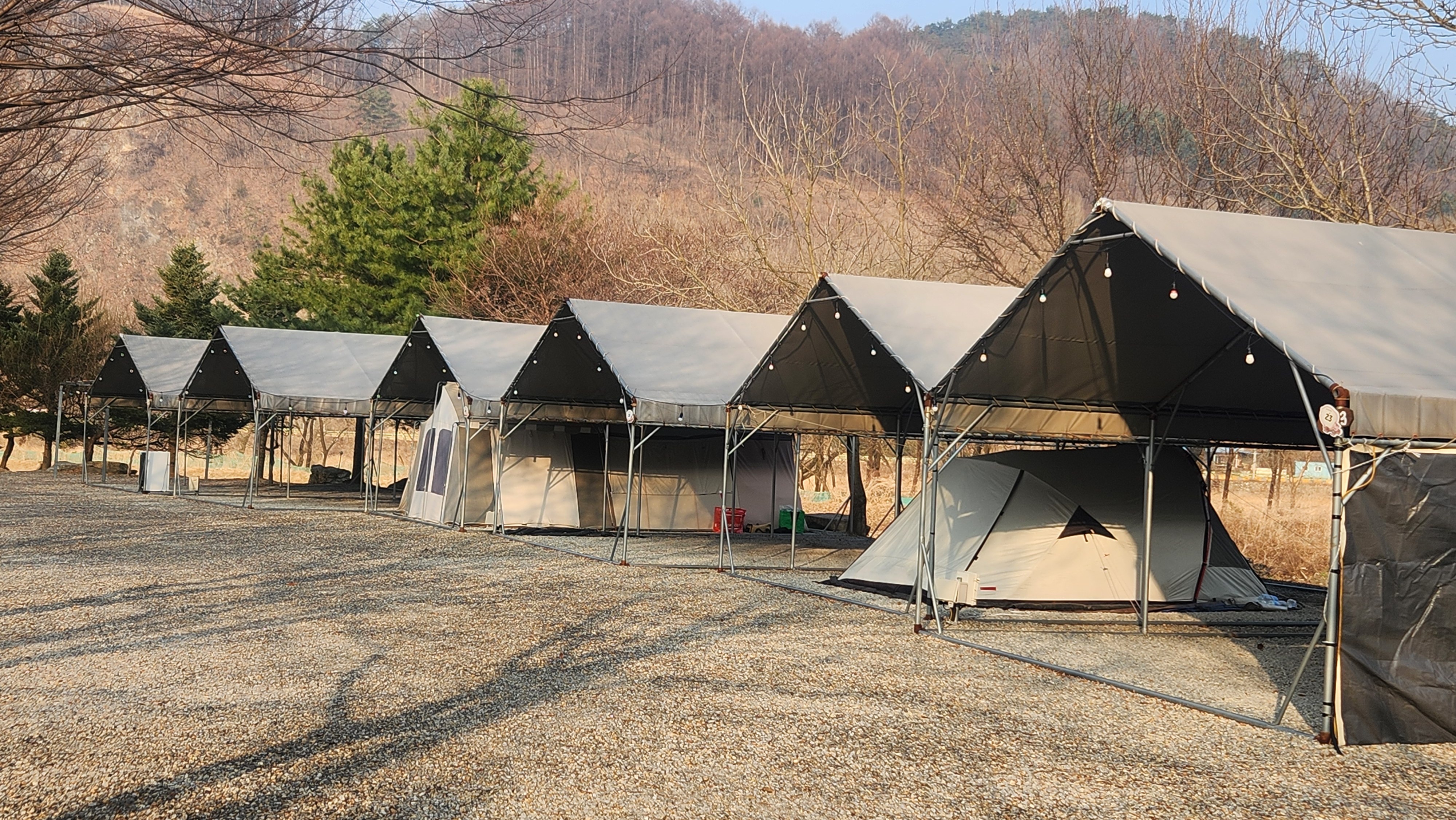 다그린캠핑장 평창강변 캠핑 사이트 전경