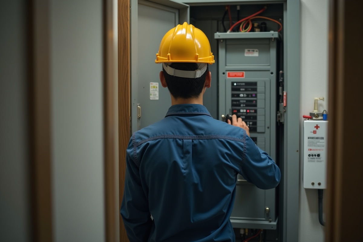 차단기 점검 과정에서 안전 장비를 착용하고 멀티미터로 측정하는 모습