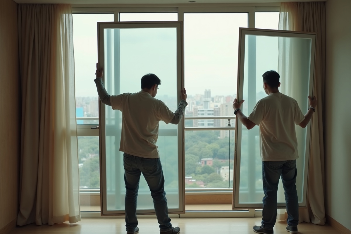 단열 유리 시공 과정과 전문 장비 사용 모습