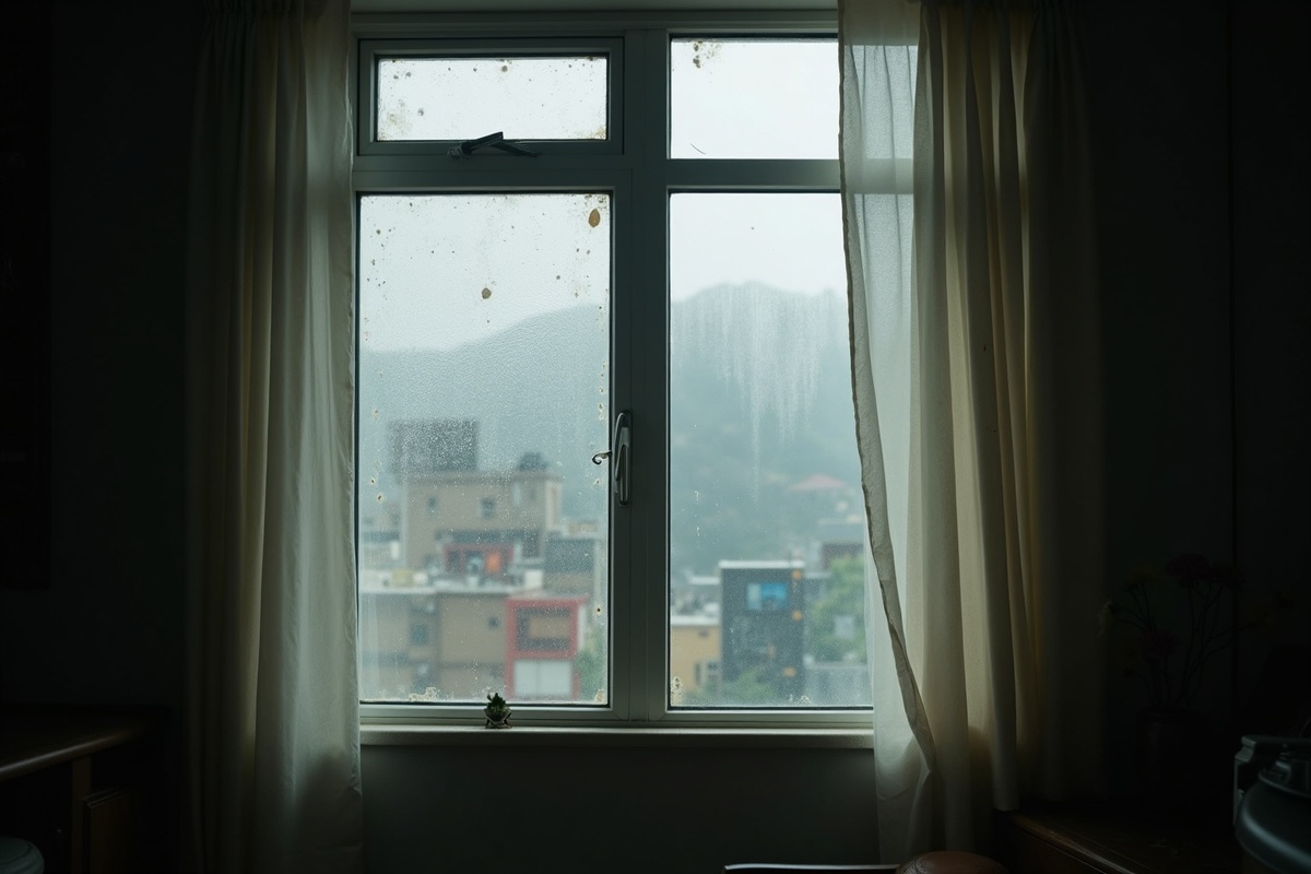 곰팡이가 발생한 창틀과 벽지 변색 상태