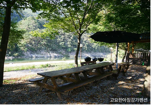 고요한아침강가펜션 전경 — 가을 강가 풍경